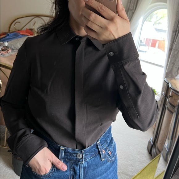 Theory Classic Straight Wool Shirt Long Sleeve Collared Button Up Mocha Brown - Picture 2 of 6